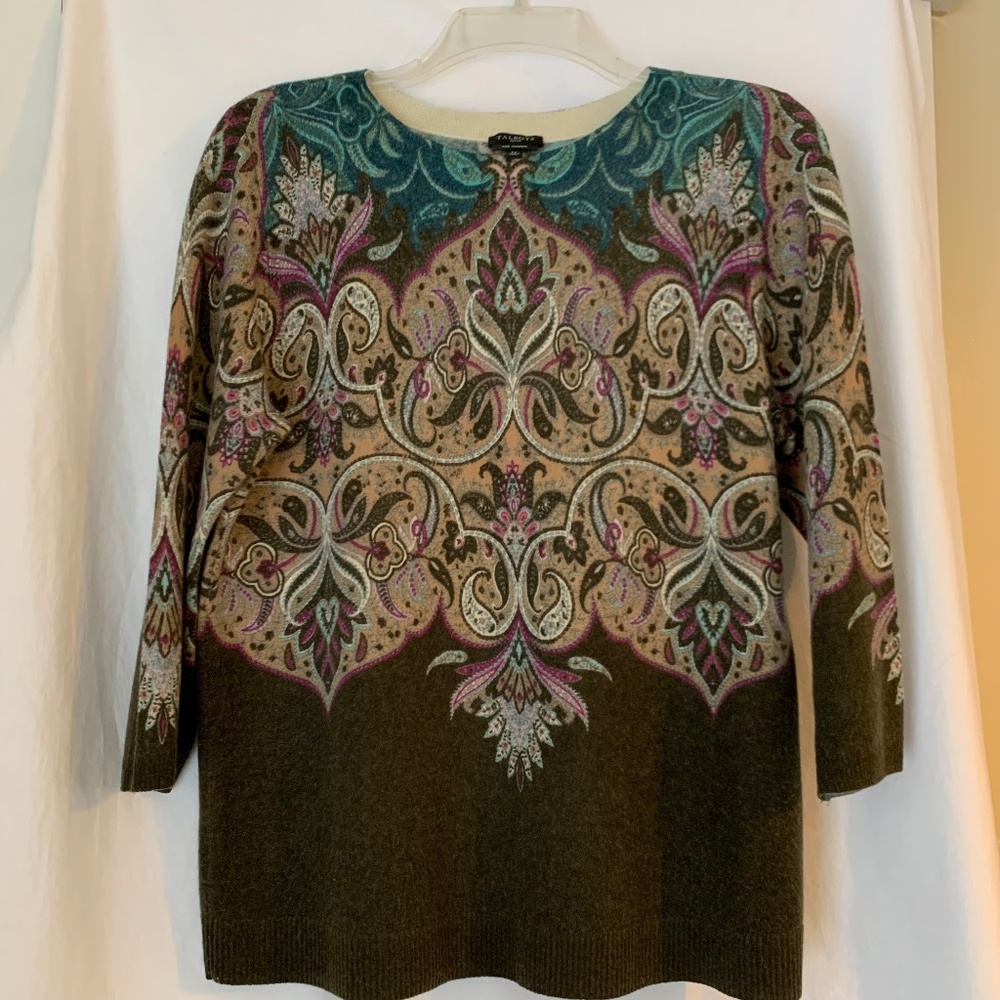 Talbots Ornate Teal and Purple Crew Neck Sweater